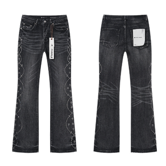 Black Washed Flared Denim Jeans with Wave Rhinestone Pattern